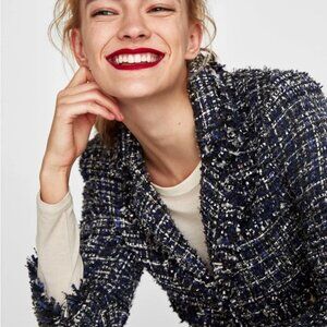 New Zara Navy Blue Chanel a-like Embellished Frayed Jacket Blazer
